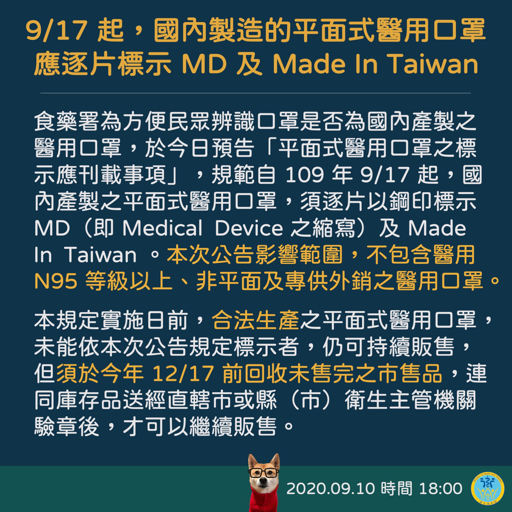 9月17 起國內製造之平面式醫用口罩應逐片標示「MD」及「Made In Taiwan」